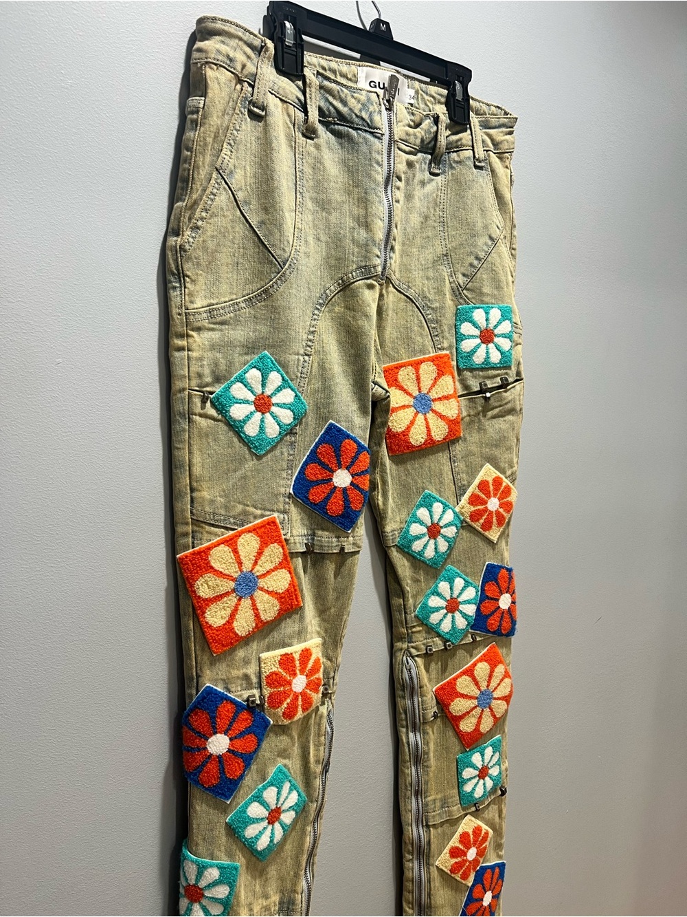 GUAPI Vintage Flowers Denim Stacked Jeans Men’s Size 34 Khaki Patchwork Flared - Picture 8 of 16
